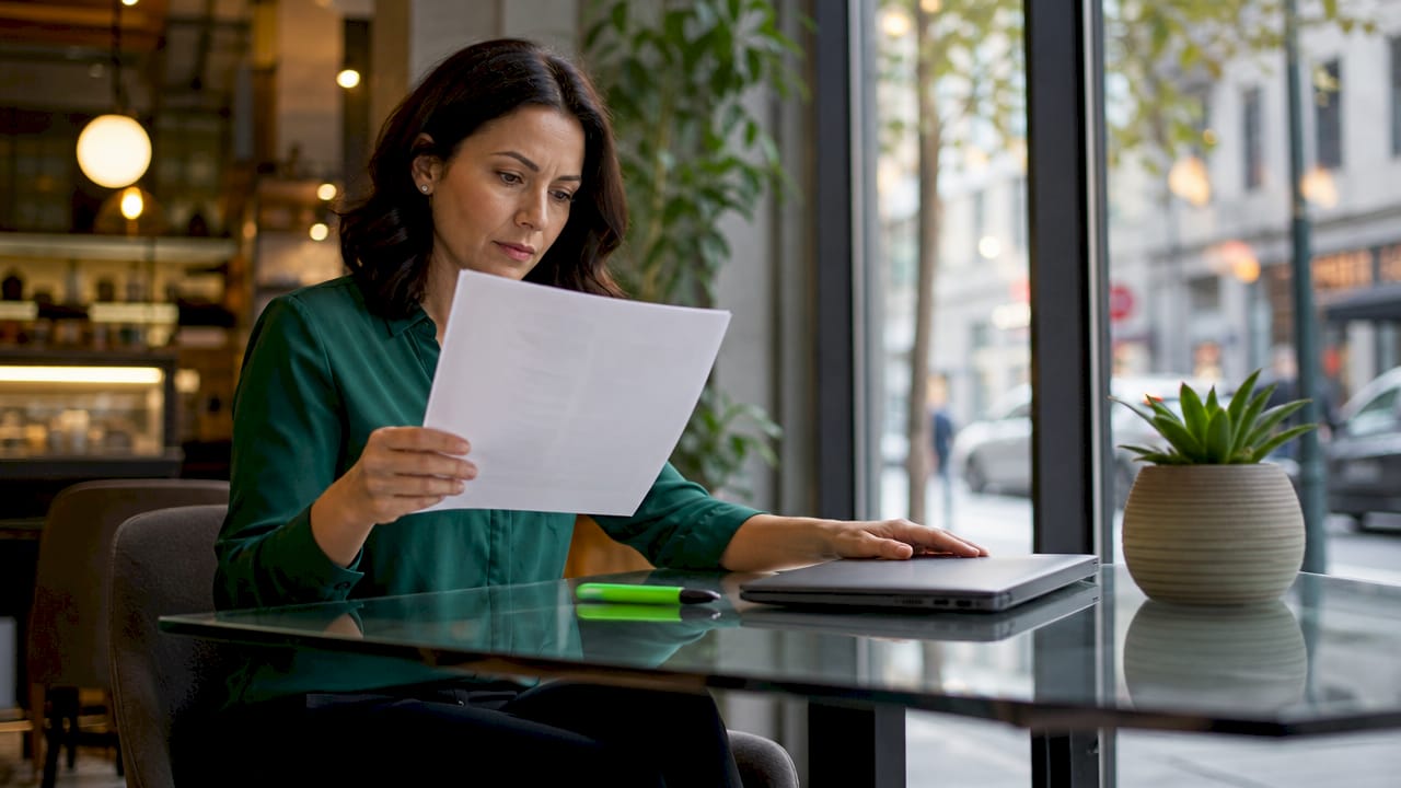 Compliance officer reading regulatory update in office