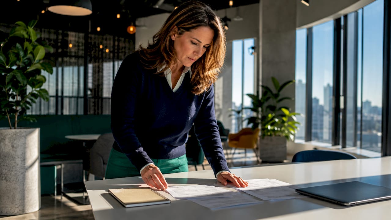 Compliance officer reviewing regulatory documents at desk