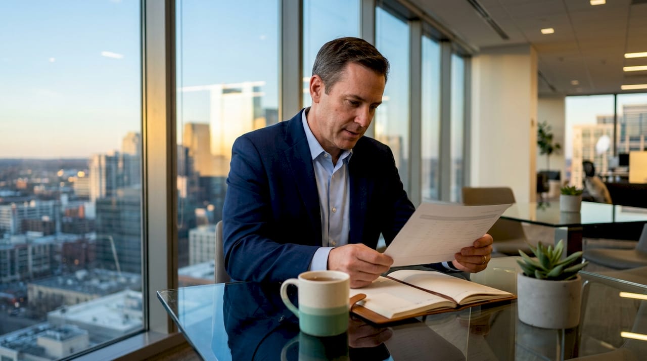 C-suite executive reviewing compliance report in boardroom