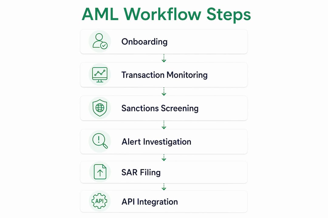 Infographic illustrating AML workflow steps for digital assets