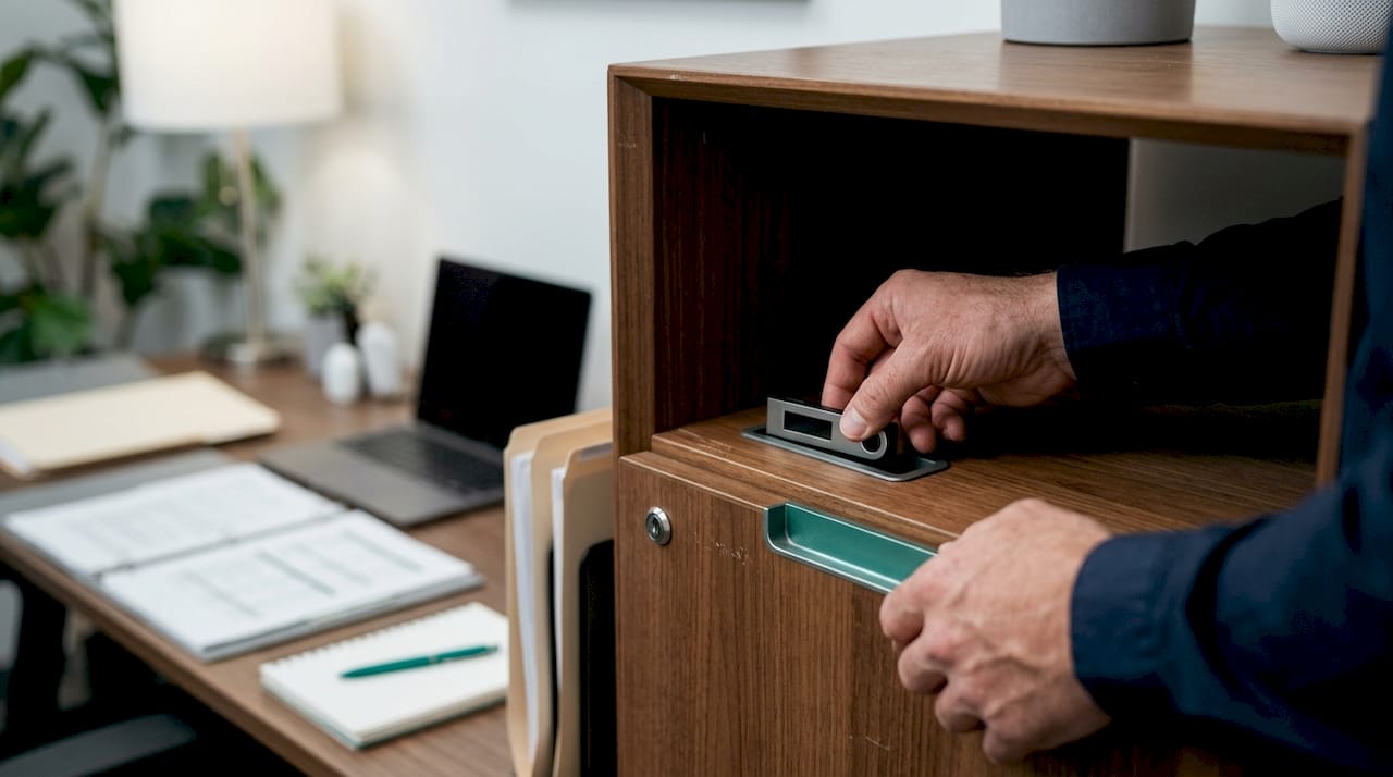 Hands securing hardware wallet in vault