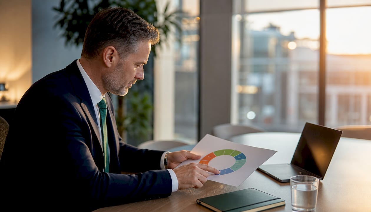 Professional pointing at digital asset allocation chart