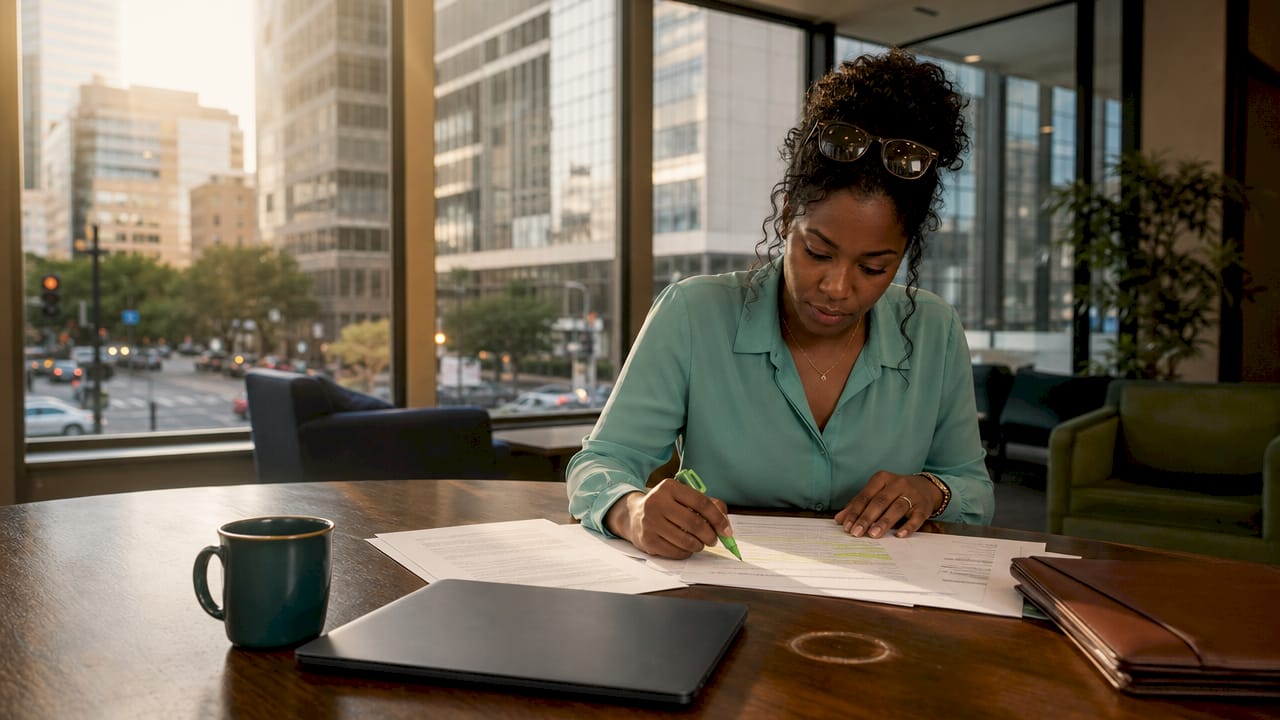 Financial analyst reviewing compliance documents