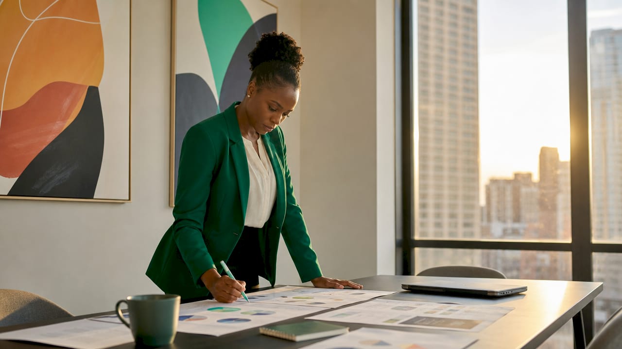 Woman reviewing stakeholder communication documents
