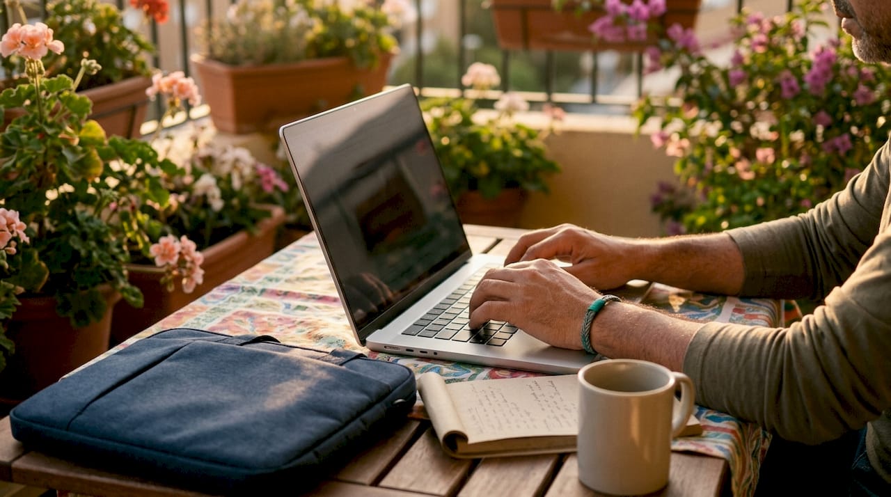 Hands typing on laptop next to communication calendar