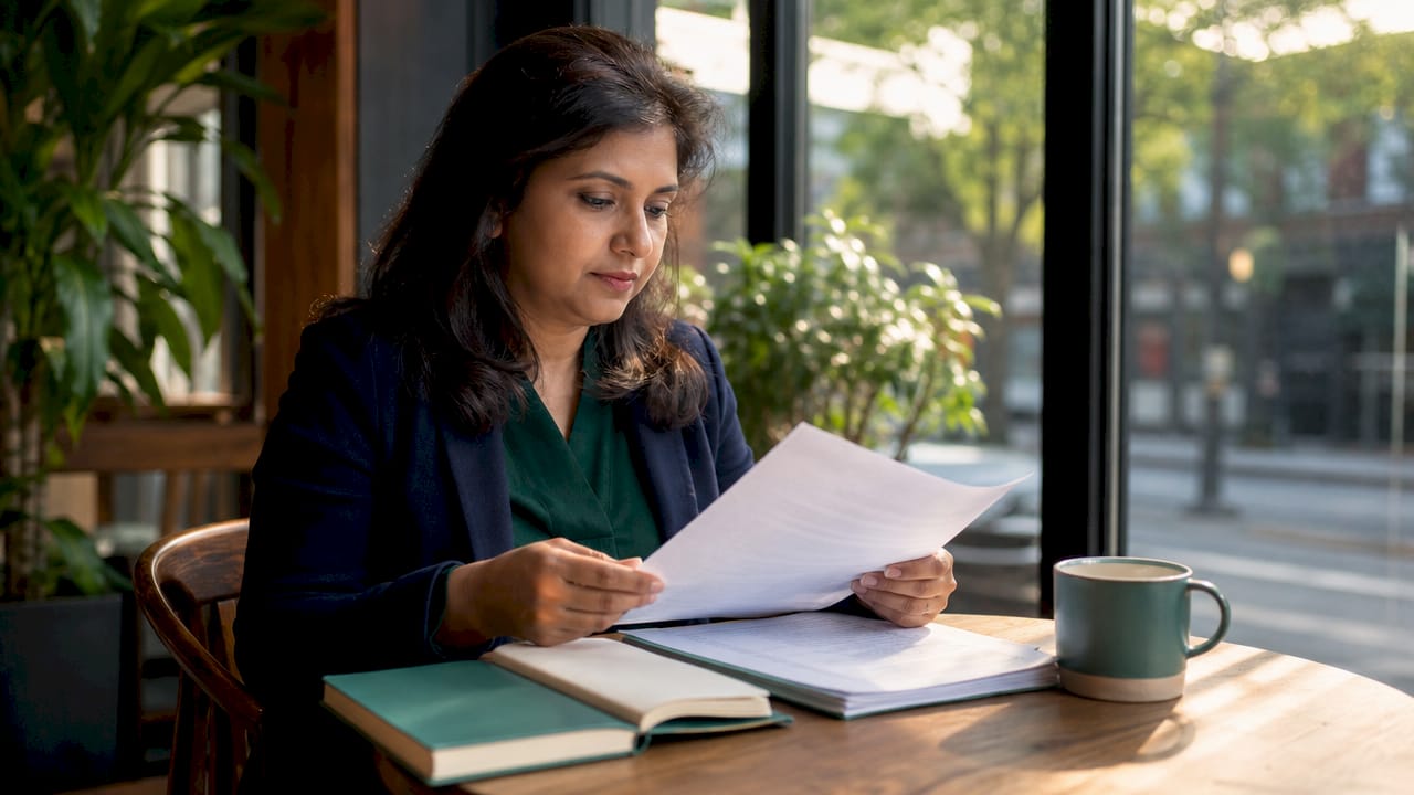 Professional woman reviewing digital asset framework documents
