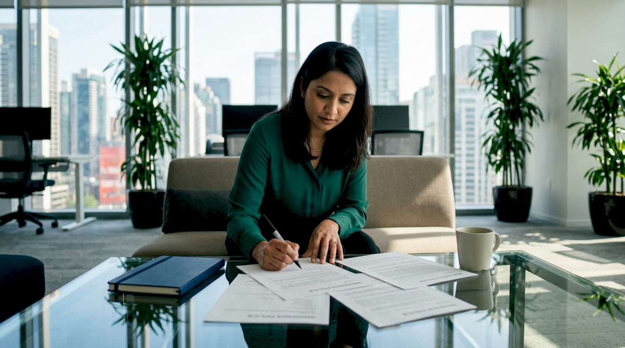 Professional woman reviewing digital asset insurance paperwork