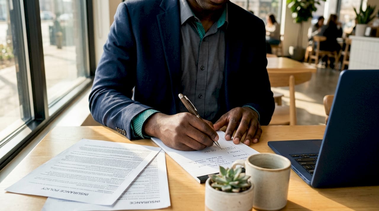 Close-up hands reviewing insurance policy notes