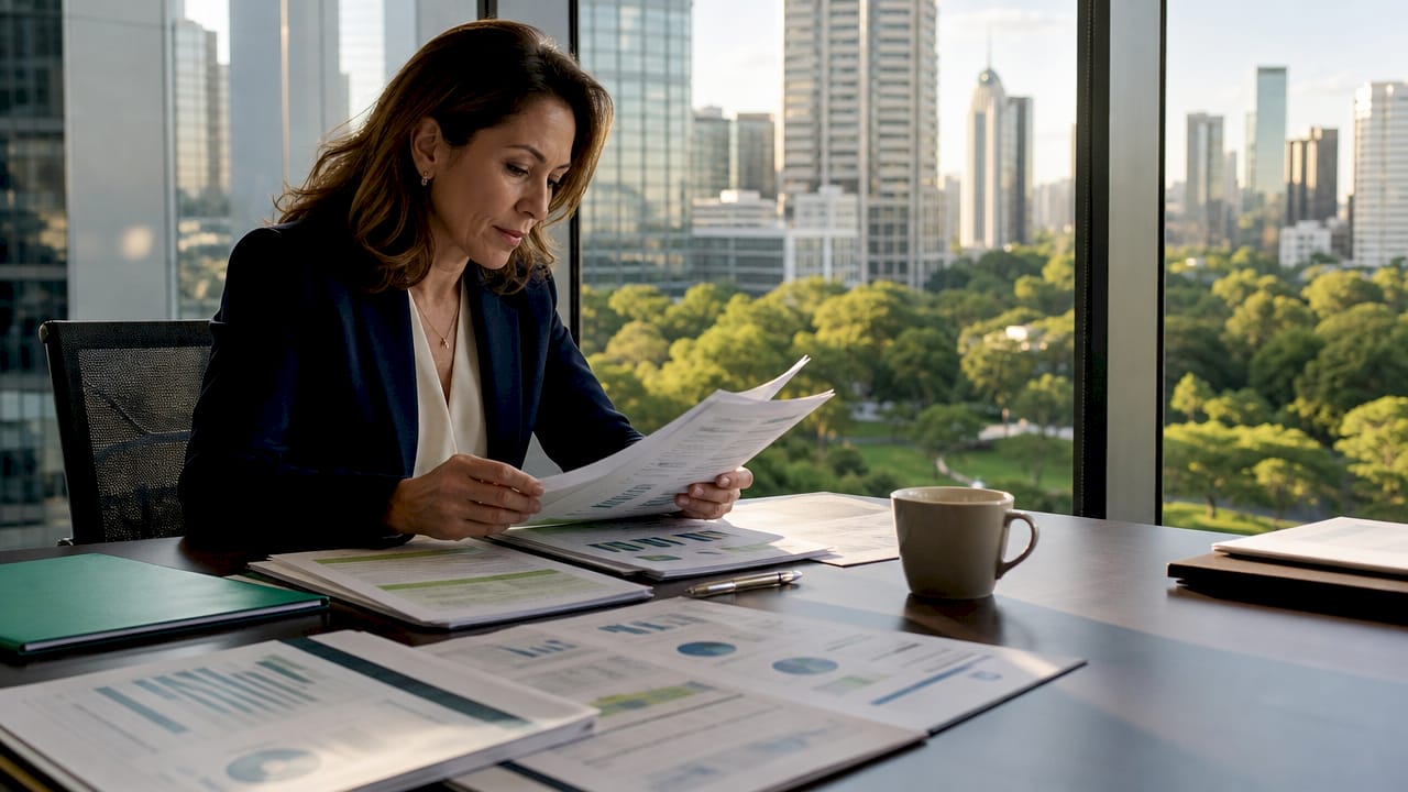 Compliance officer reviewing crypto risk reports at office desk