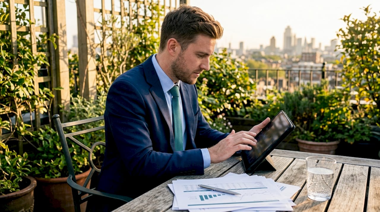 Hands scrolling crypto price charts on tablet in meeting room