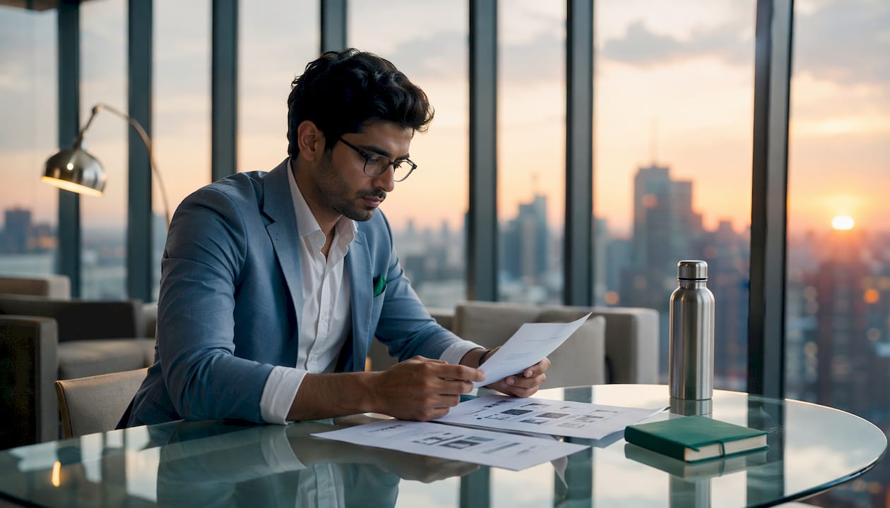 Finance professional reviewing blockchain data at desk