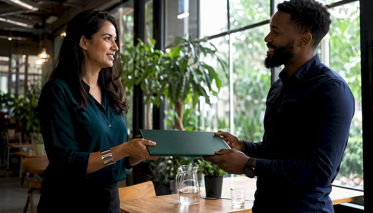 Two professionals exchanging compliance documents