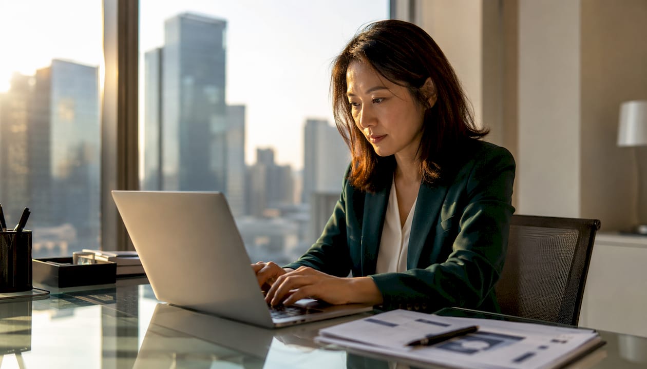 Investment manager working on blockchain documents at home