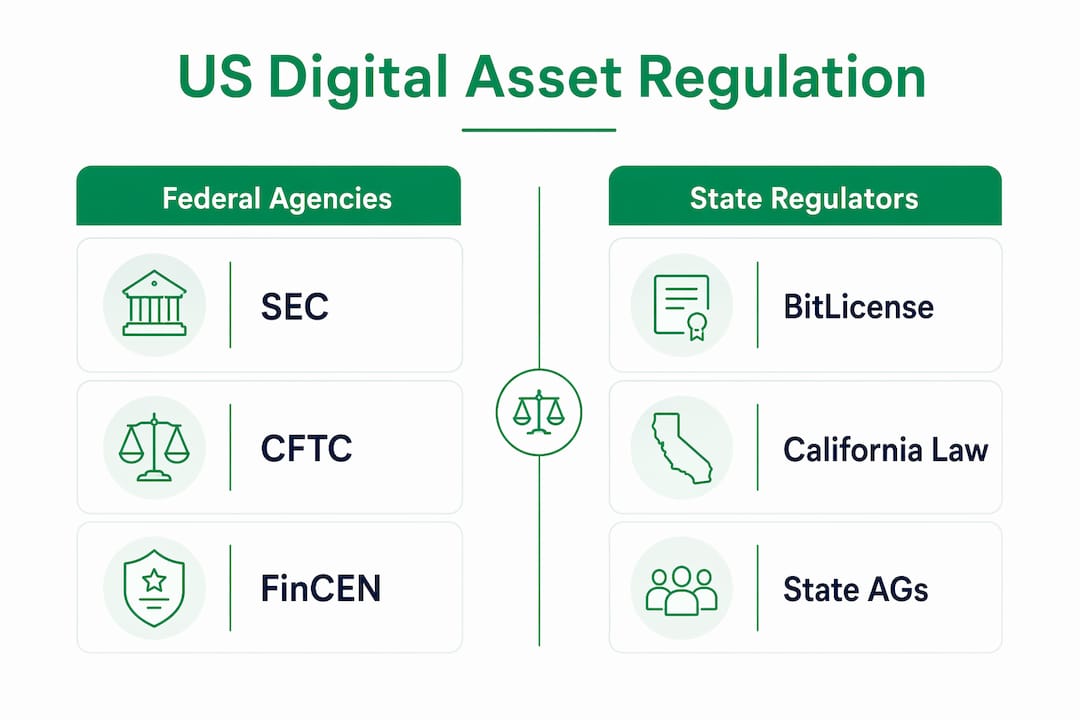 Infographic showing US digital asset regulatory overview with federal and state categories