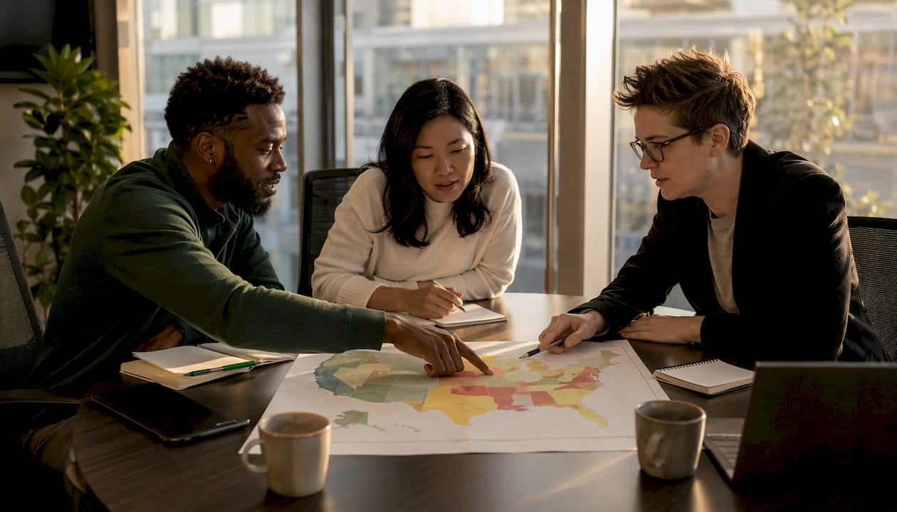 Diverse team discussing state licensing risk map