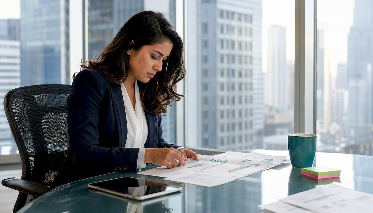 Woman reviewing printed digital asset risk reports