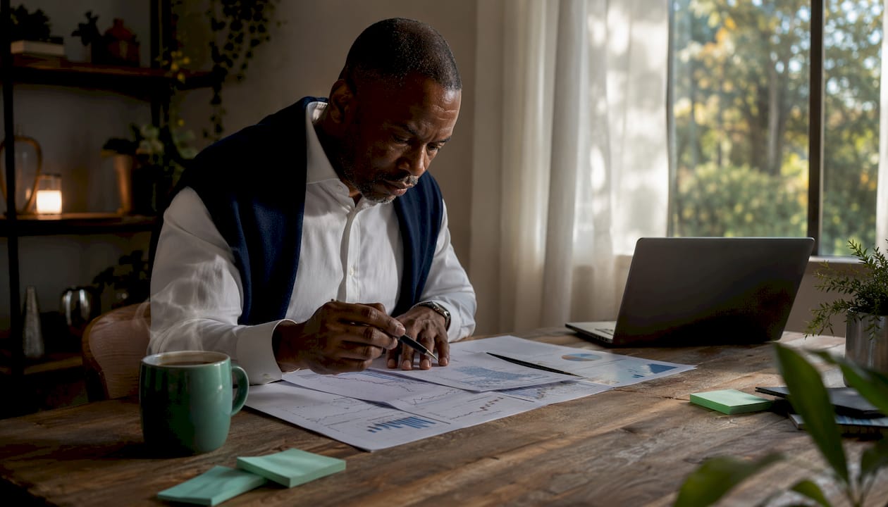 Financial analyst reviewing digital asset hedging documents