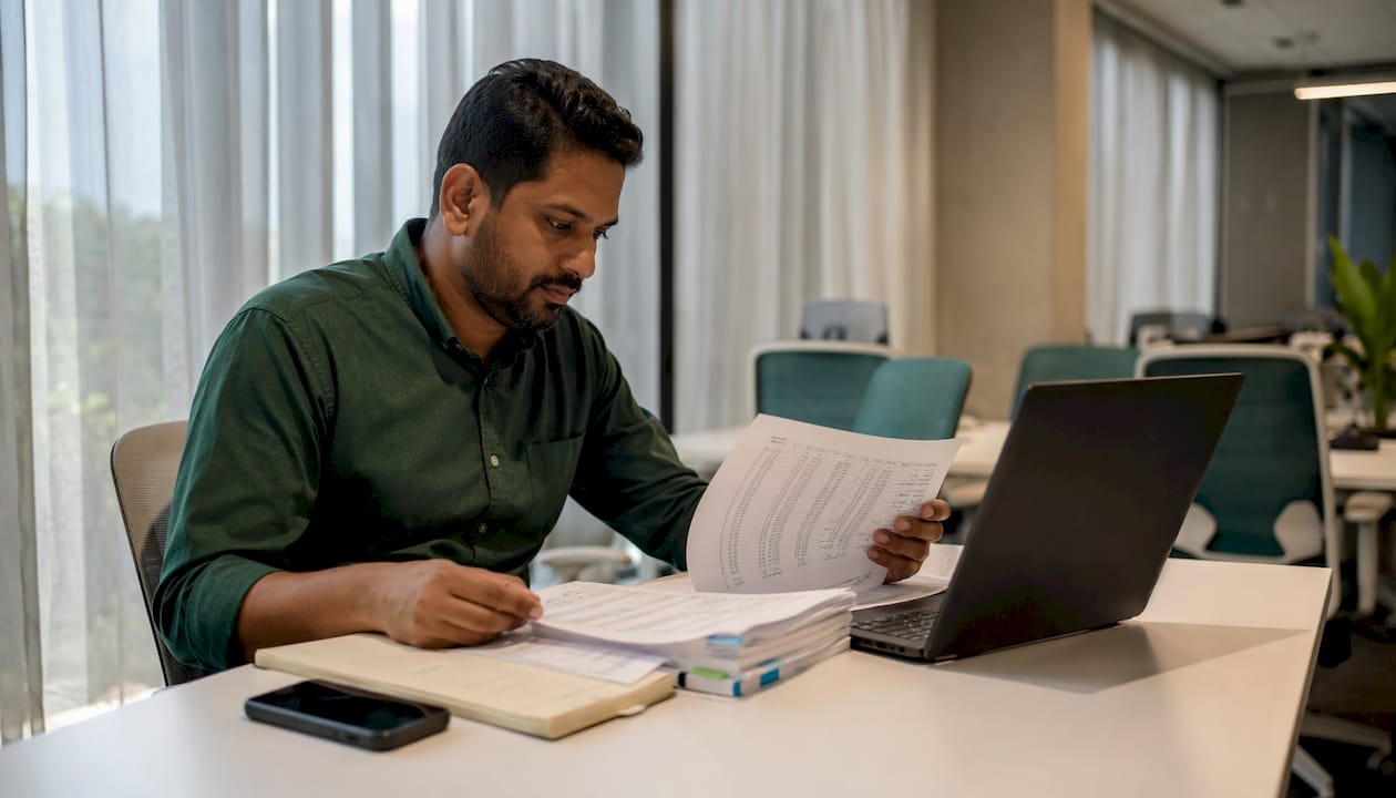 Finance professional reviewing crypto wallet documents