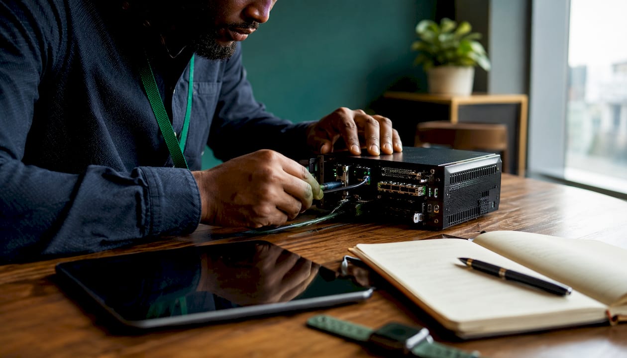 Hands using hardware security module in office