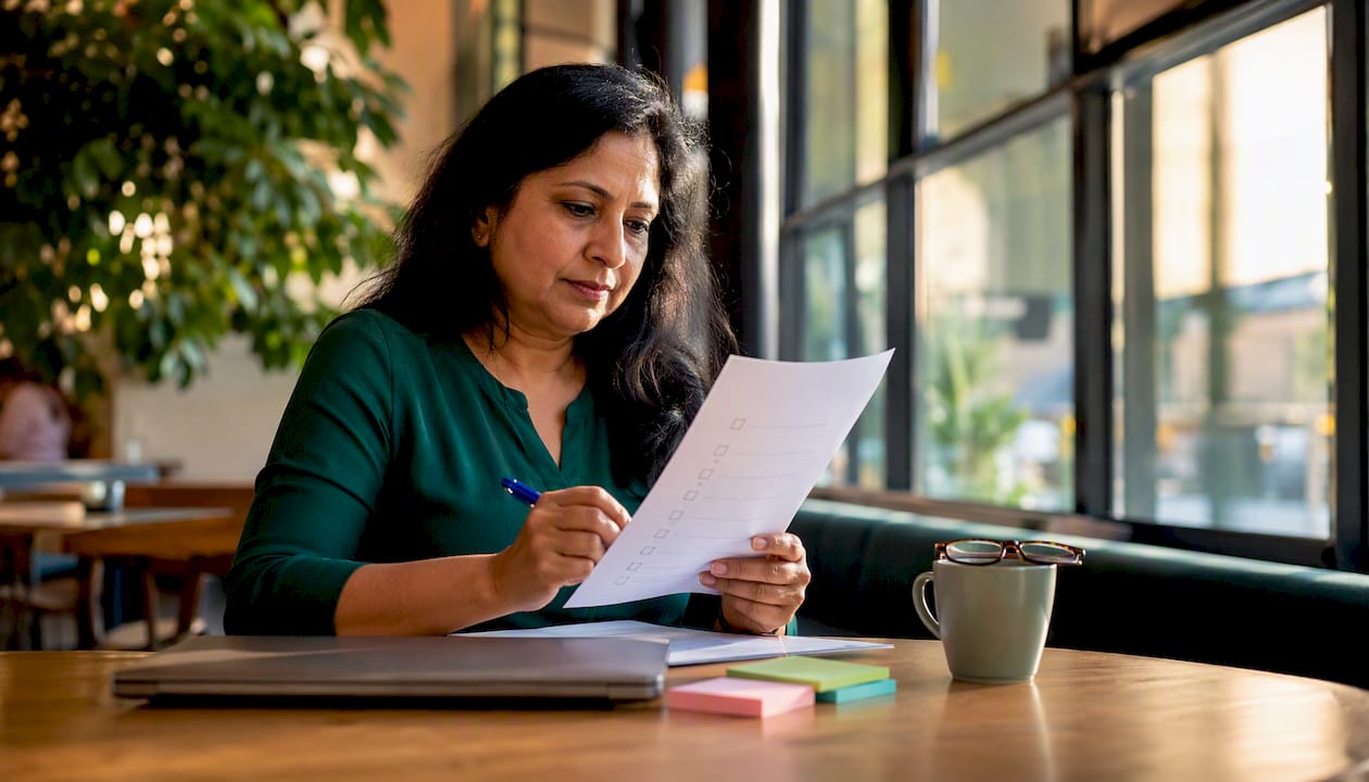 Hands marking custody checklist at home desk