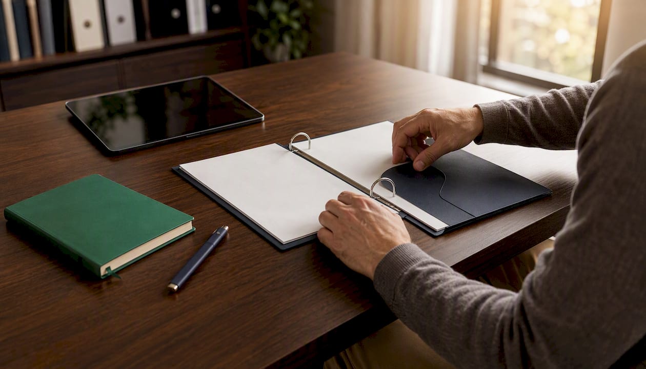 Hands arranging certification materials on desk