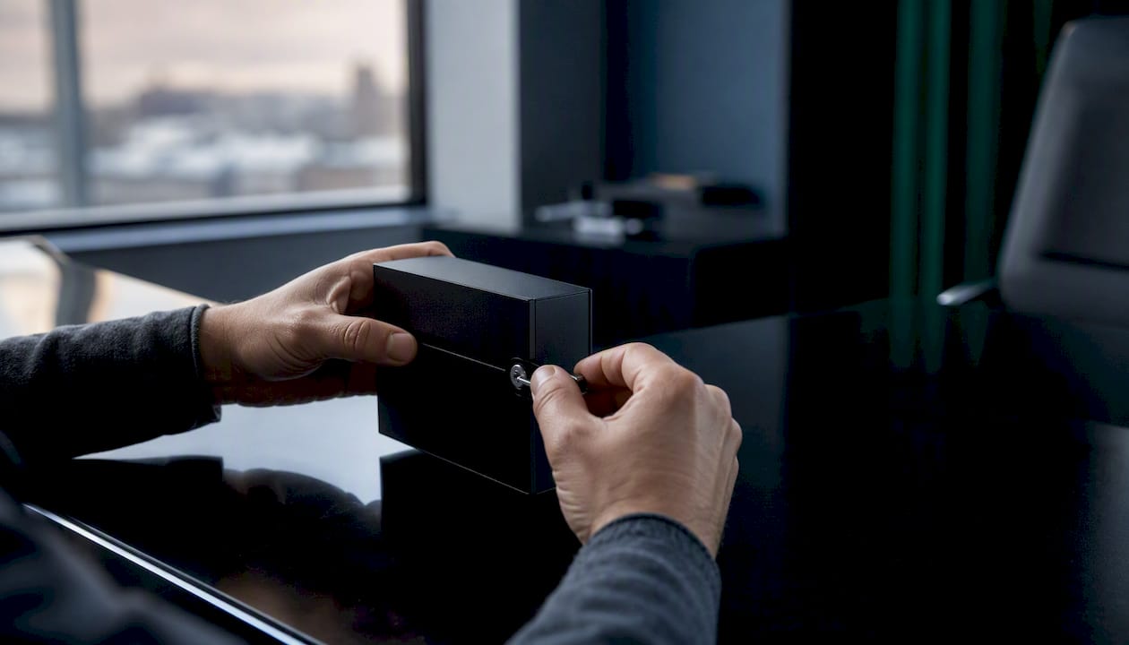 Hands holding hardware security device casing