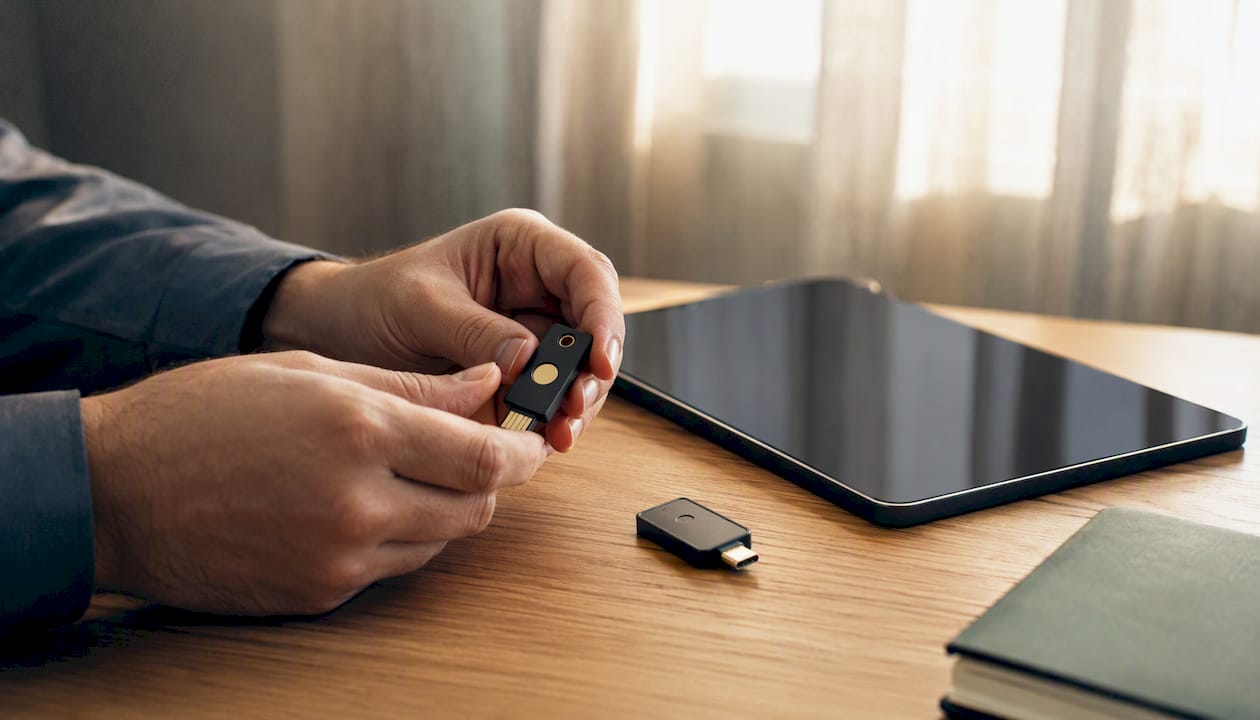 Hands adjusting security tokens on office desk
