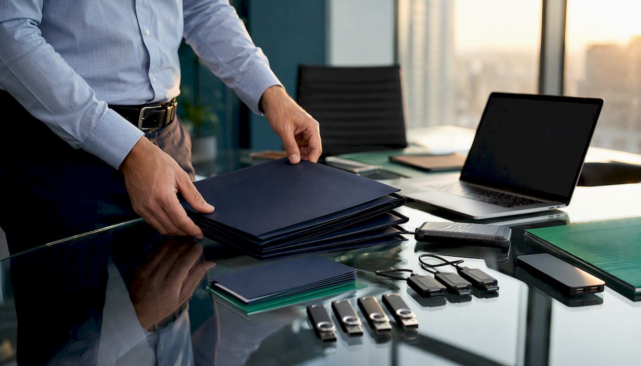 Hands organizing custody folders and devices