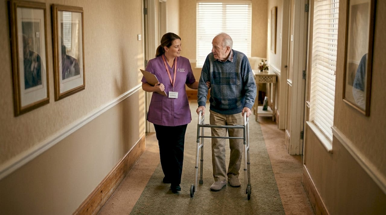 Staff assisting elderly resident in hall