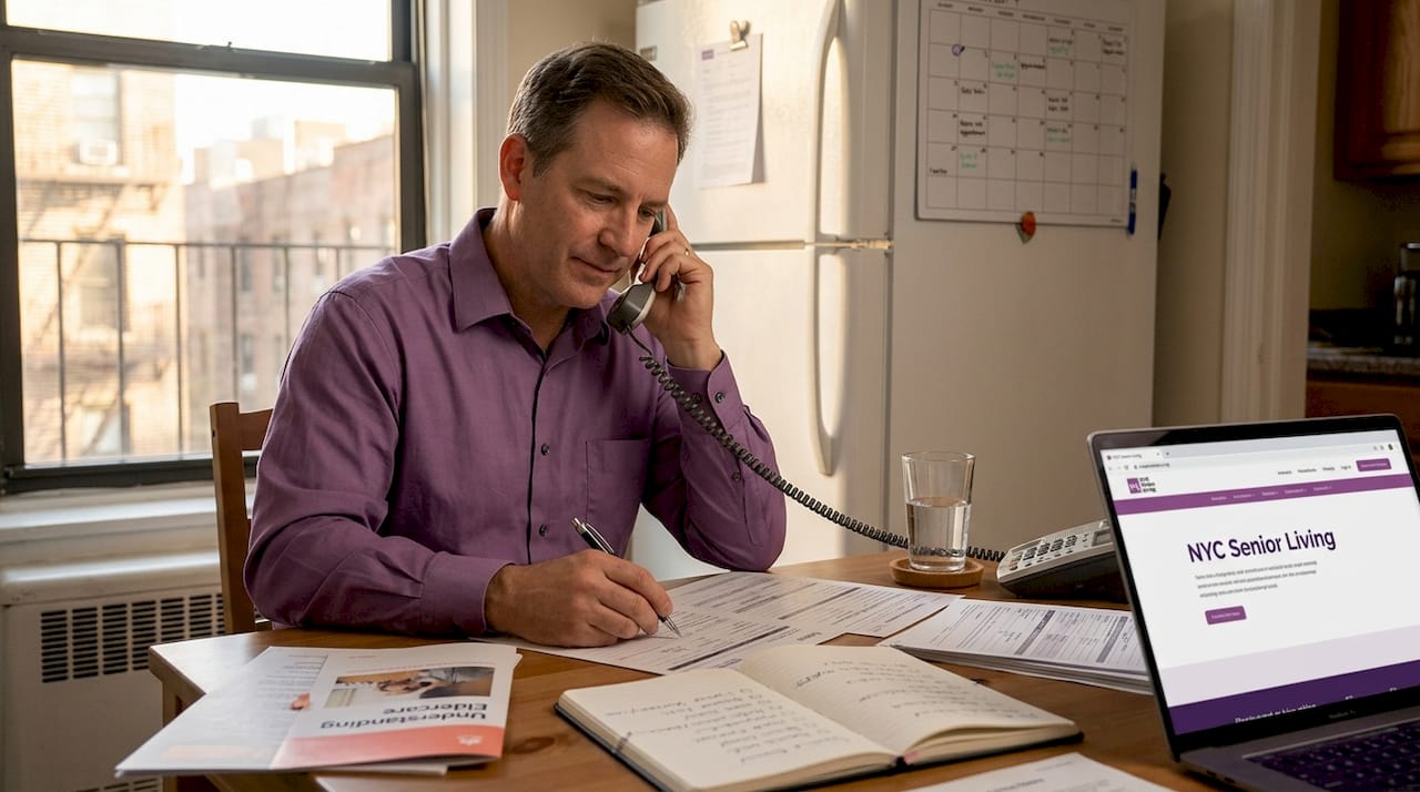 Man planning senior move at kitchen table