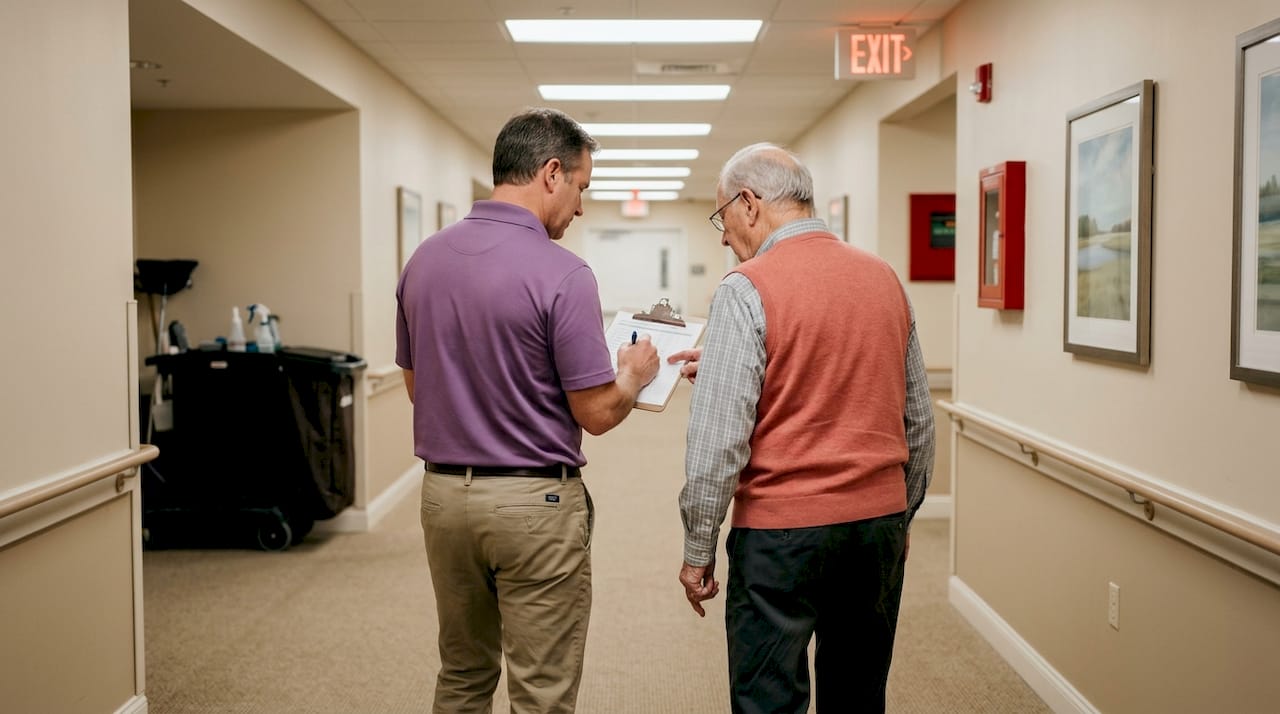 Father and son tour assisted living hallway