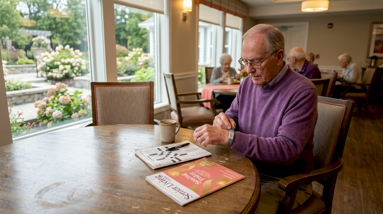 Senior fastening safety wearable at breakfast table