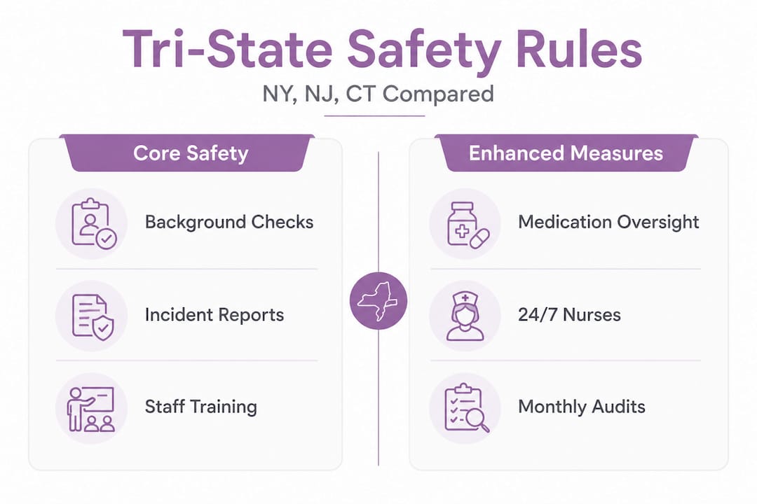 Infographic comparing tri-state assisted living rules