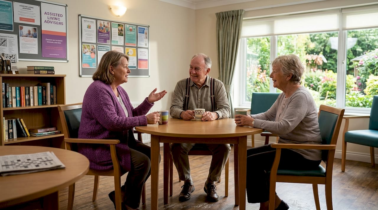 Seniors talking in a community lounge area