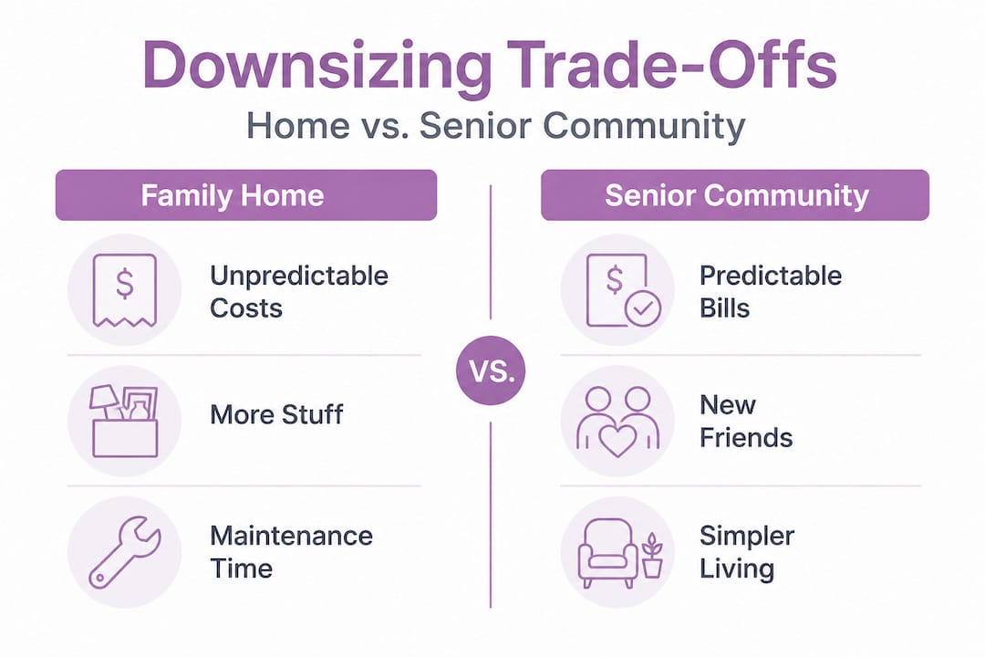 Infographic comparing home and senior community benefits and costs