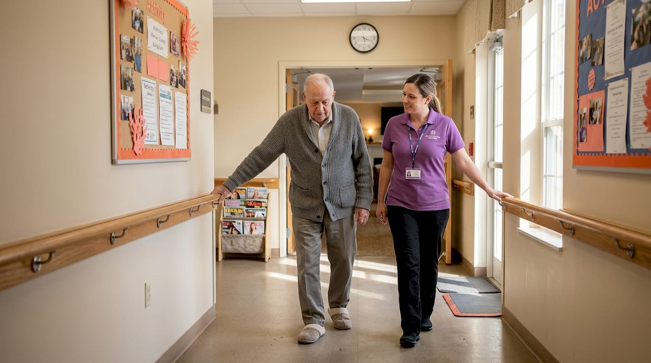 Resident walking with staff in memory care hallway