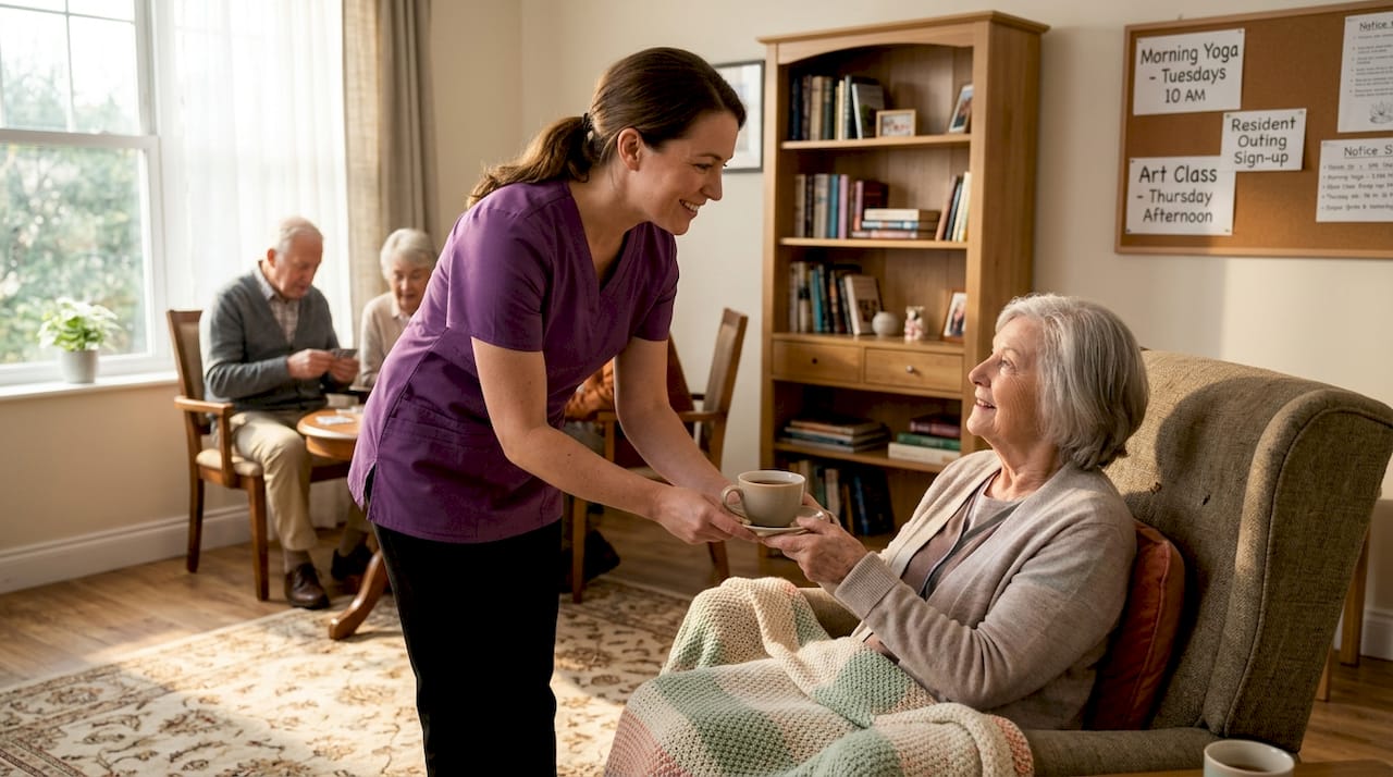 Staff member chats with elderly resident