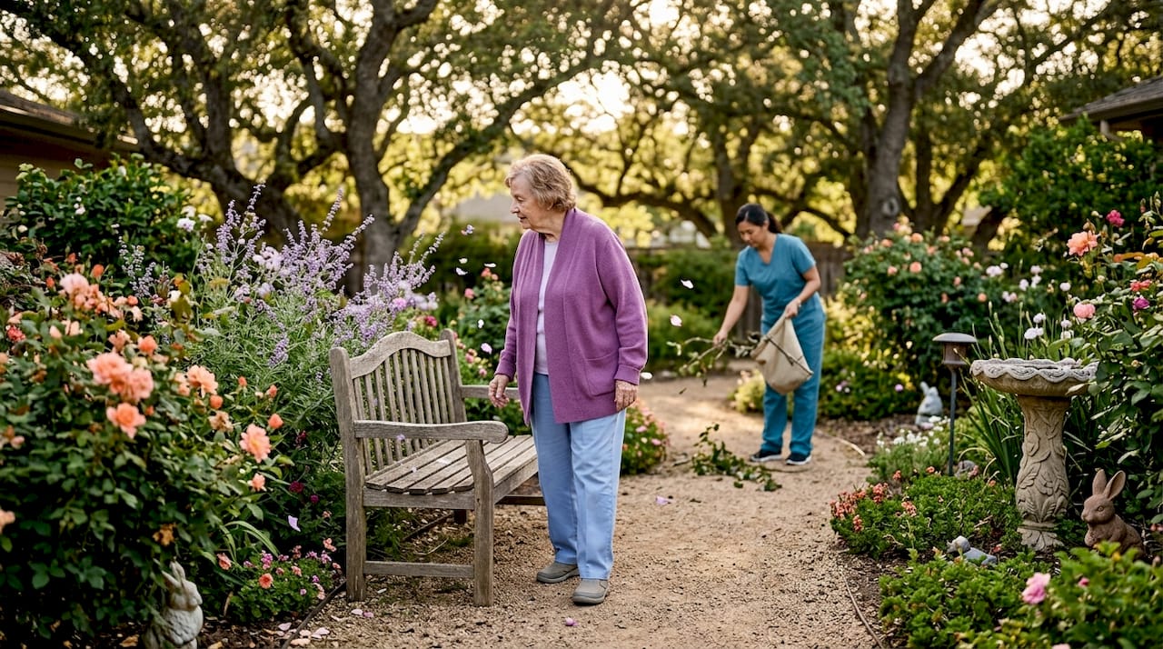Elderly resident in secured garden courtyard