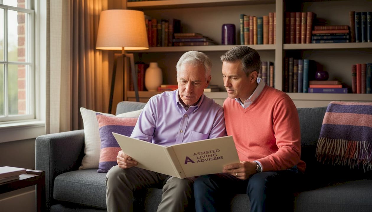 Father and son review elder care paperwork at home