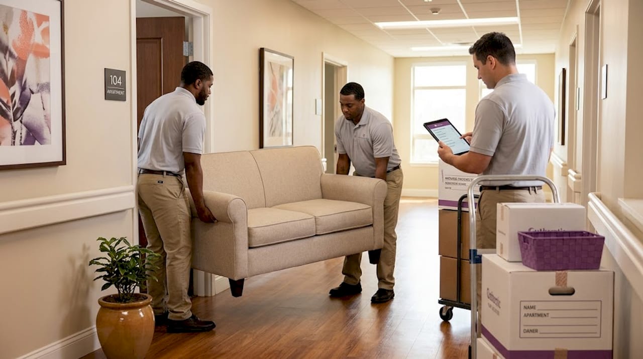 Moving team transporting sofa and boxes in apartment hallway