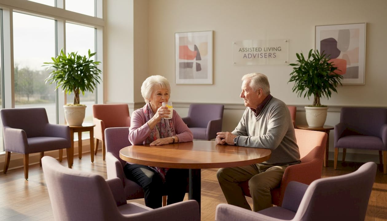 Seniors in assisted living community lounge