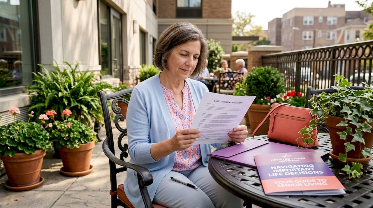 Woman reviewing senior living contract paperwork
