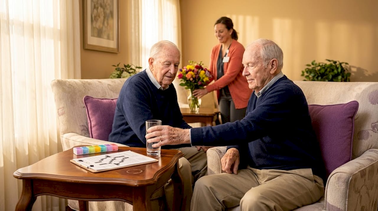 Senior reaching for water glass in cozy lounge