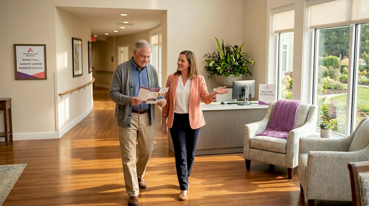 Senior tours community with staff guidance