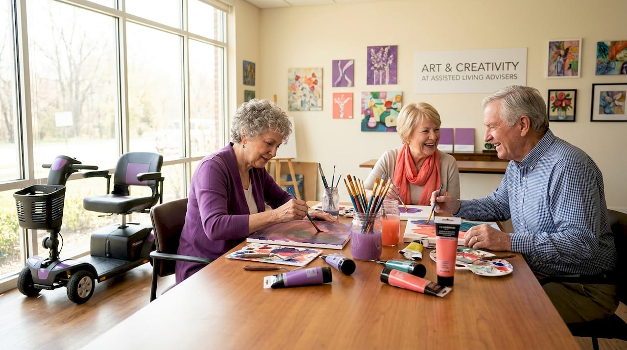 Seniors painting together in activity room