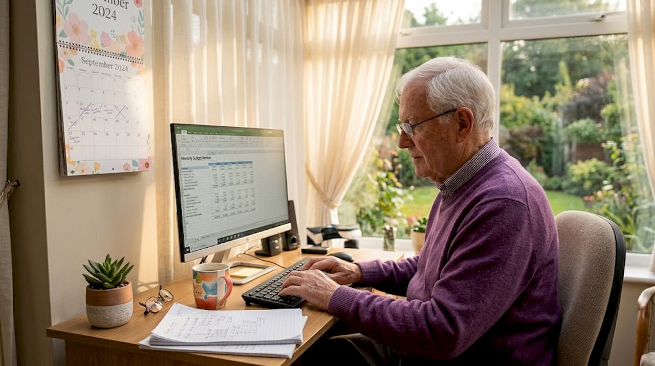 Senior man updating budget spreadsheet in home office