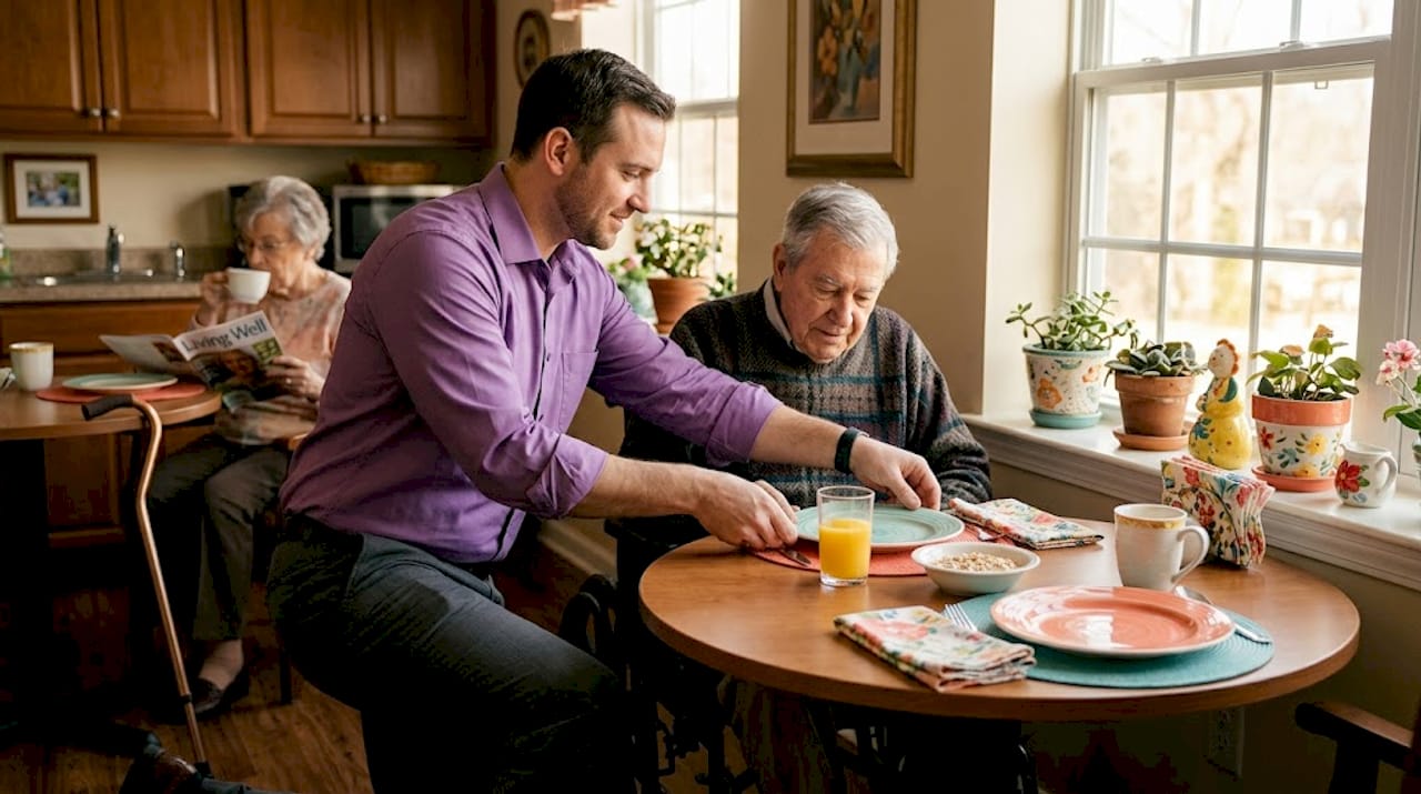 Assisted living staff aiding senior at meal
