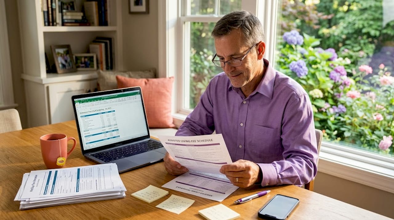 Man reviewing costs and insurance at kitchen island