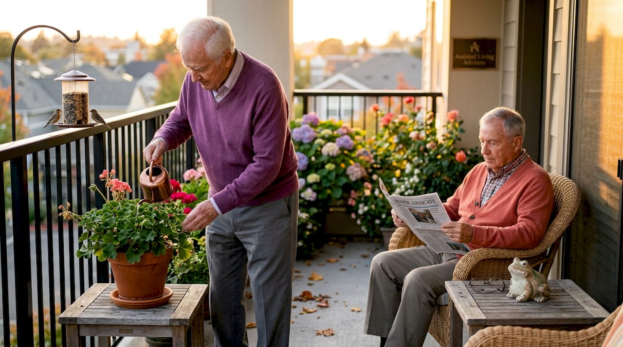 Senior waters plant on assisted living balcony