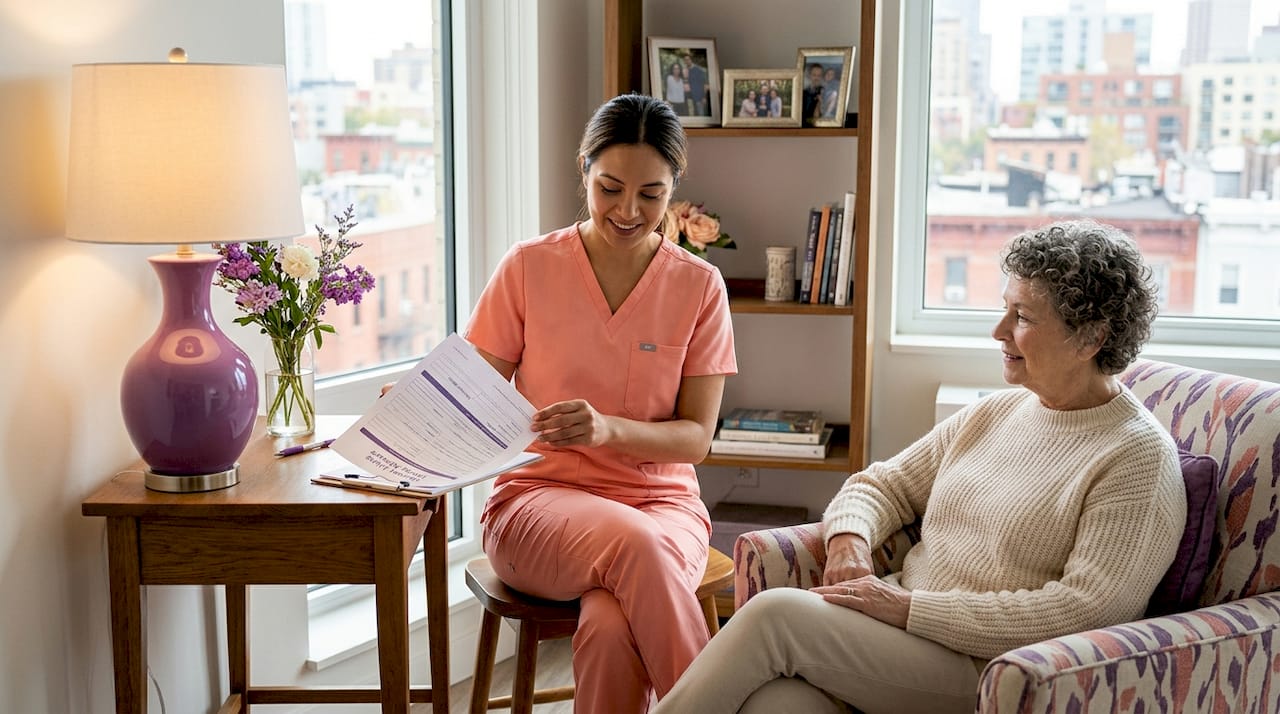 Home care nurse reviews paperwork with elderly woman